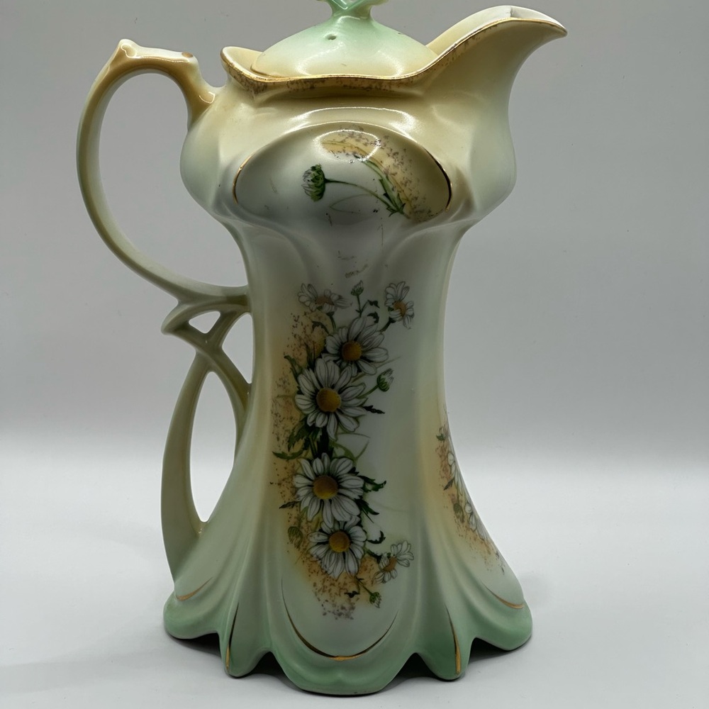 Antique Cream and Green Fine China Chocolate Pot with lid with Floral Design